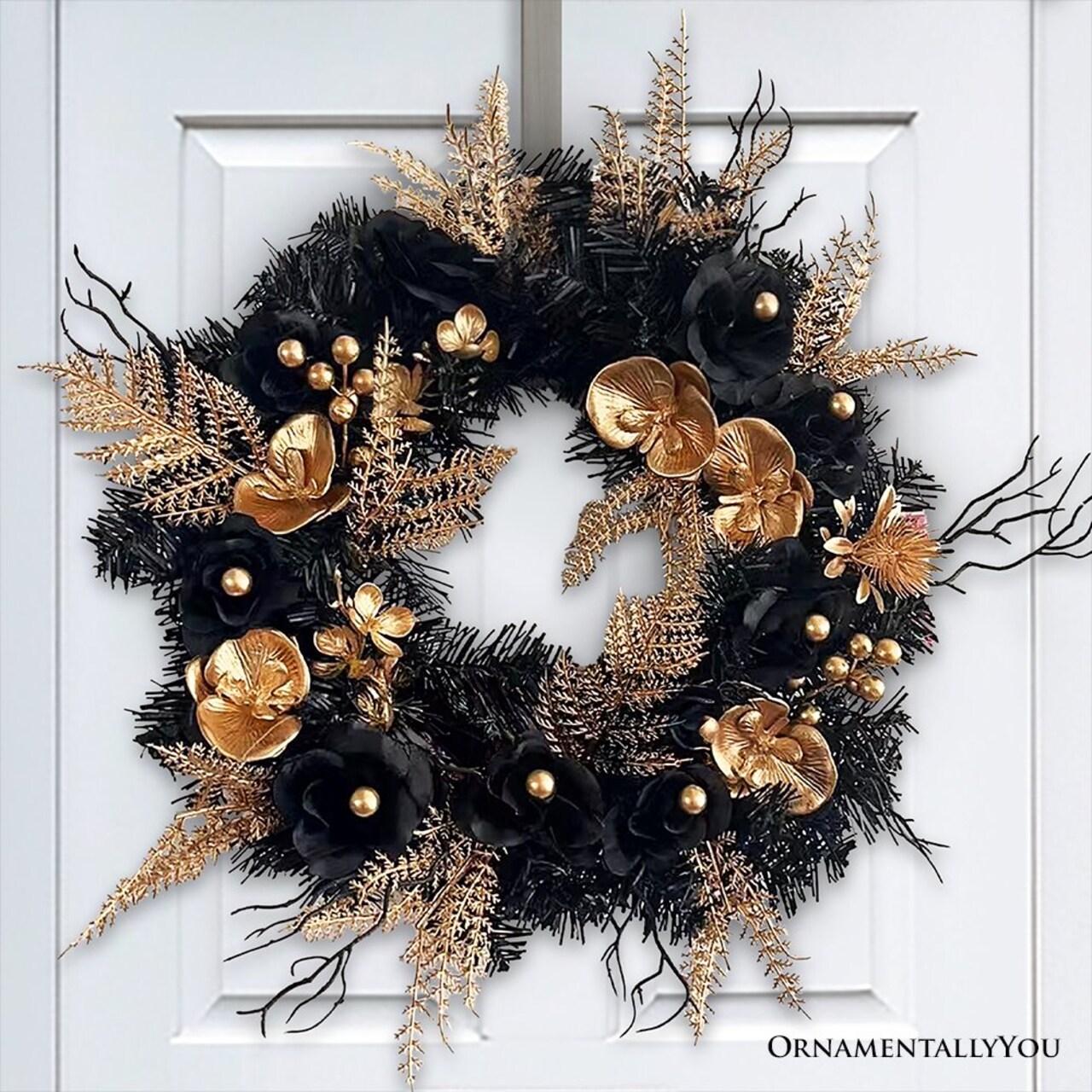 Black and Bronze Elegantly Goth 20" Wreath, Premium Gold Door Decoration with Floral Orchids